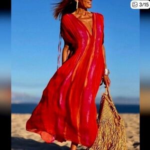 ZARA WOMAN SLEEVELESS V-NECK BEAD APPLIQUES TIE-DYE MIDI DRESS 7521/253 NEW S